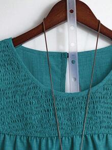 Linhara Blusa casual de verano de talla grande para mujer, de unicolor, cuello redondo, manga corta de doble capa, plisada, de moda versátil para vacaciones - Agua verde azul - Ver 5
