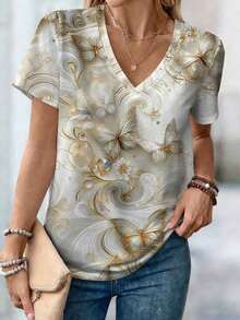 Camiseta de manga corta con cuello en V con estampado de rayas y fresas, adecuada para uso casual diario, tallas grandes para mujer - Multicolor - Ver 3