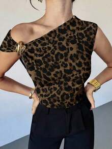 Camiseta asimétrica de hombro con decoración metálica, elegante y casual, adecuada para salir, fiestas y otras ocasiones/Otoño para mujeres/Disfraz de Halloween para mujeres/Camiseta roja de Navidad/Parte superior de fiesta de Año Nuevo/Elegantes - Blanco 3 - Ver 4