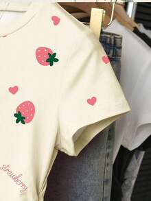 Camiseta de mujer con estampado de fresa, cintura fruncida, dulce y de moda, adecuada para uso al aire de vacaciones en verano - Multicolor 4 - Ver 3