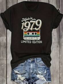 1pc Camisetas Para Mujer Camiseta única edición limitada con diseño retro de cassette inspirada en el año 1979 perfecta para los amantes de la moda y la nostalgia estilo y2k ideal para cualquier ocasión atrévete a destacar con esta pieza exclusiva y original Camiseta De Manga Corta De Algodón - Negro - Ver 6