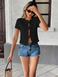 Camiseta de manga corta de unicolor con textura y cordón, de estilo informal de verano - Negro - Ver 5