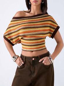 Blusa de malla ajustada con mangas de murciélago, cuello irregular, estampado de rayas y bloques de color, estilo casual de playa y vacaciones para mujer - Multicolor 4 - Ver 1