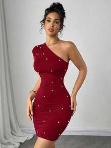 Vestido corto de mujer con decoración de perlas falsas, unicolor y hombro asimétrico - Burdeos - Ver 8