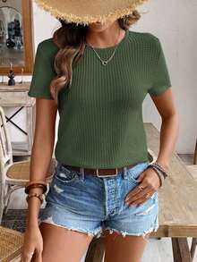 de manga corta para la primavera y el verano con cuello redondo y unicolor en tela texturizada para uso casual - Verde Oscuro - Ver 4