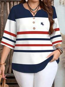 Camisa casual de manga corta a rayas en blanco y negro con botones delanteros, estilo preppy, para mujer de talla grande.Camisa de verano para mujer, estilo de vacaciones campestres, estilo bohemio para mujer. - Multicolor 3 - Ver 1