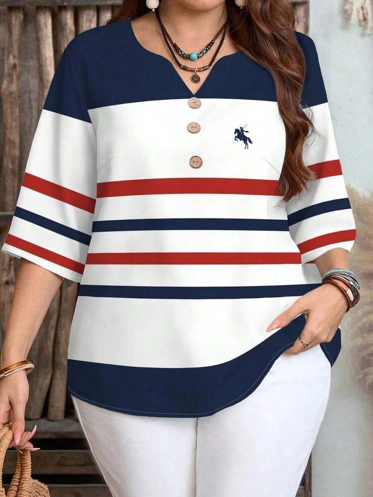 Camisa casual de manga corta a rayas en blanco y negro con botones delanteros, estilo preppy, para mujer de talla grande.Camisa de verano para mujer, estilo de vacaciones campestres, estilo bohemio para mujer. - Multicolor 3 - Añade 1