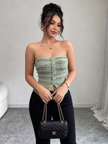 Top corto sin mangas con botones delanteros y estampado de pata de gallo, para uso en oficina o viajes, de moda para el verano - Verde - Ver 4