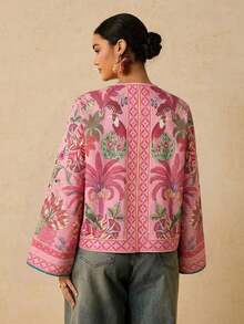 Camisa casual versátil de uso diario con estampado floral y nudo delantero para mujer de talla grande - Rosa - Ver 2