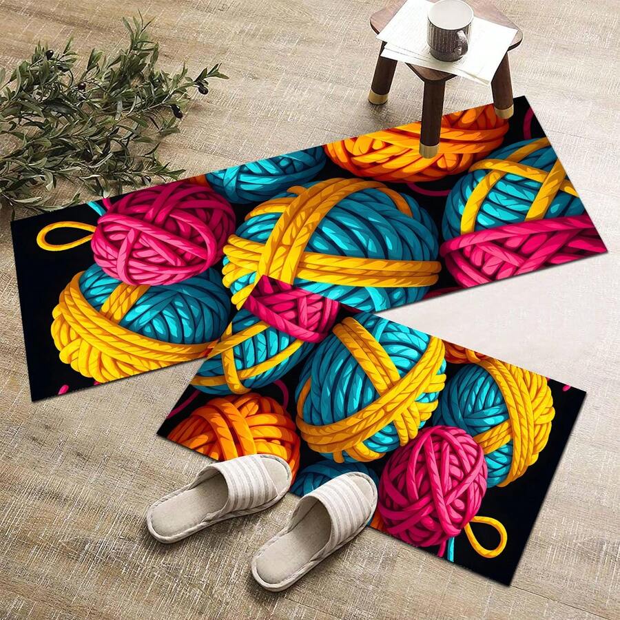 1pc 2D Colorful Pom-Pom Pattern Printed Rug, Long Doormat Series, Suitable For Living Room, Laundry Room, Bathroom, Bedroom, Kitchen - Multicolor - View 1