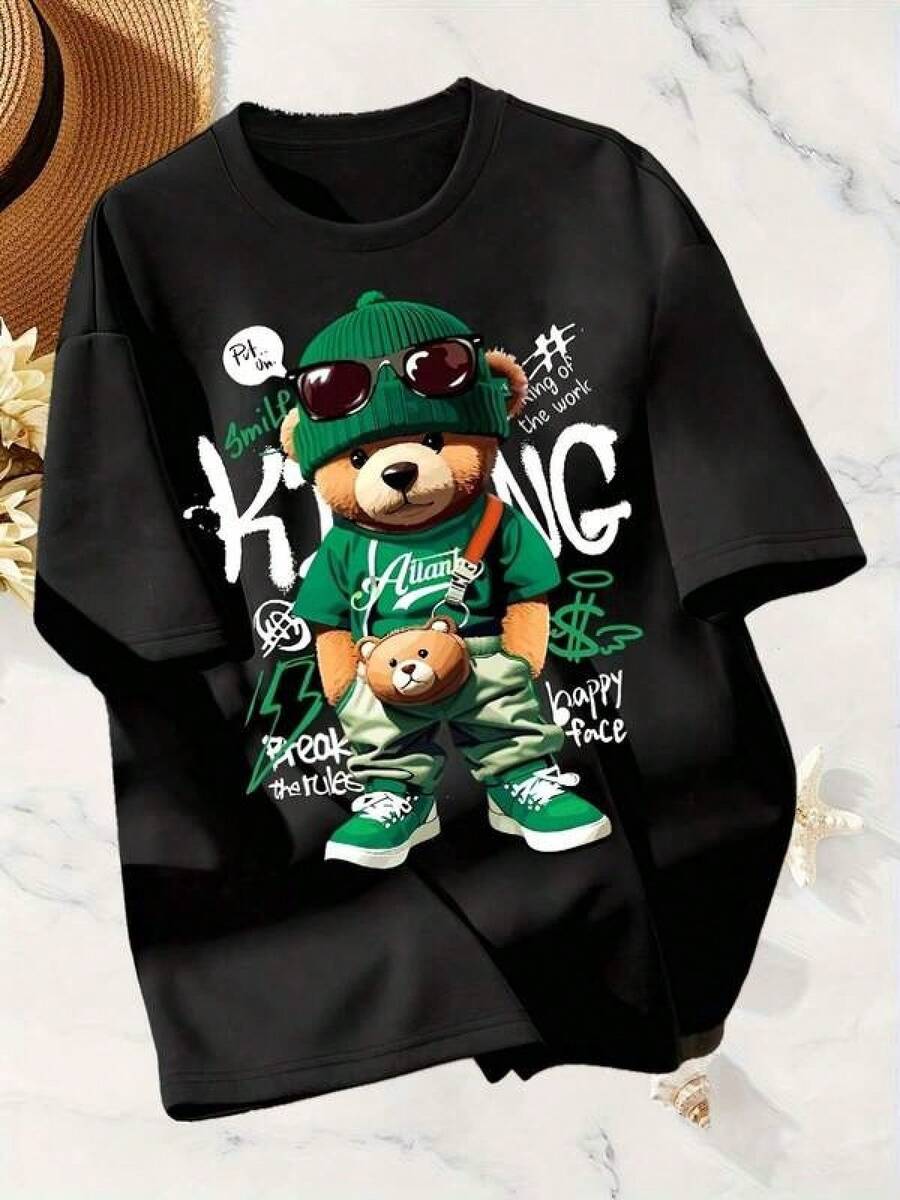 1 Piece Unisex Loose Fit T-Shirt 180g 100% Pure Cotton, Unique Y2K T-Shirt With Urban Bear Design And Striking Style Brings Freshness And Originality To Your Wardrobe, Ideal For Street Fashion And Pop Culture Lovers, Perfect To Wear On Any Occasion, Stands Out For Its Combination Of Vibrant Colors And Creative Details - 黑色 - 查看 1