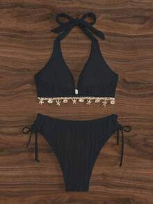 Swim Set de 2 piezas de Top halter y Bottom de bikini en forma de triángulo "V" con decoración de concha y estampado floral de color albaricoque para mujer en vacaciones de verano en la playa - Negro - Ver 2