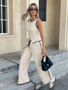 Conjunto de 2 piezas de top tipo camiseta y pantalones de verano casuales con ribete en contraste para mujer - Albaricoque - Ver 6