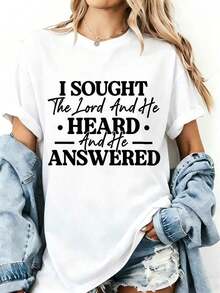 Camiseta Gráfica de Manga Corta y Cuello Redondo para Mujer Talla Grande - "Busqué al Señor y Él Escuchó y Respondió" Lema de Oración Inspirador, Estética de Fe Cristiana, Top Casual para Uso Diario - Blanco - Ver 11