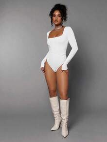 Body De Manga Larga Con Cuello Cuadrado Para Mujer - Blanco - Ver 4