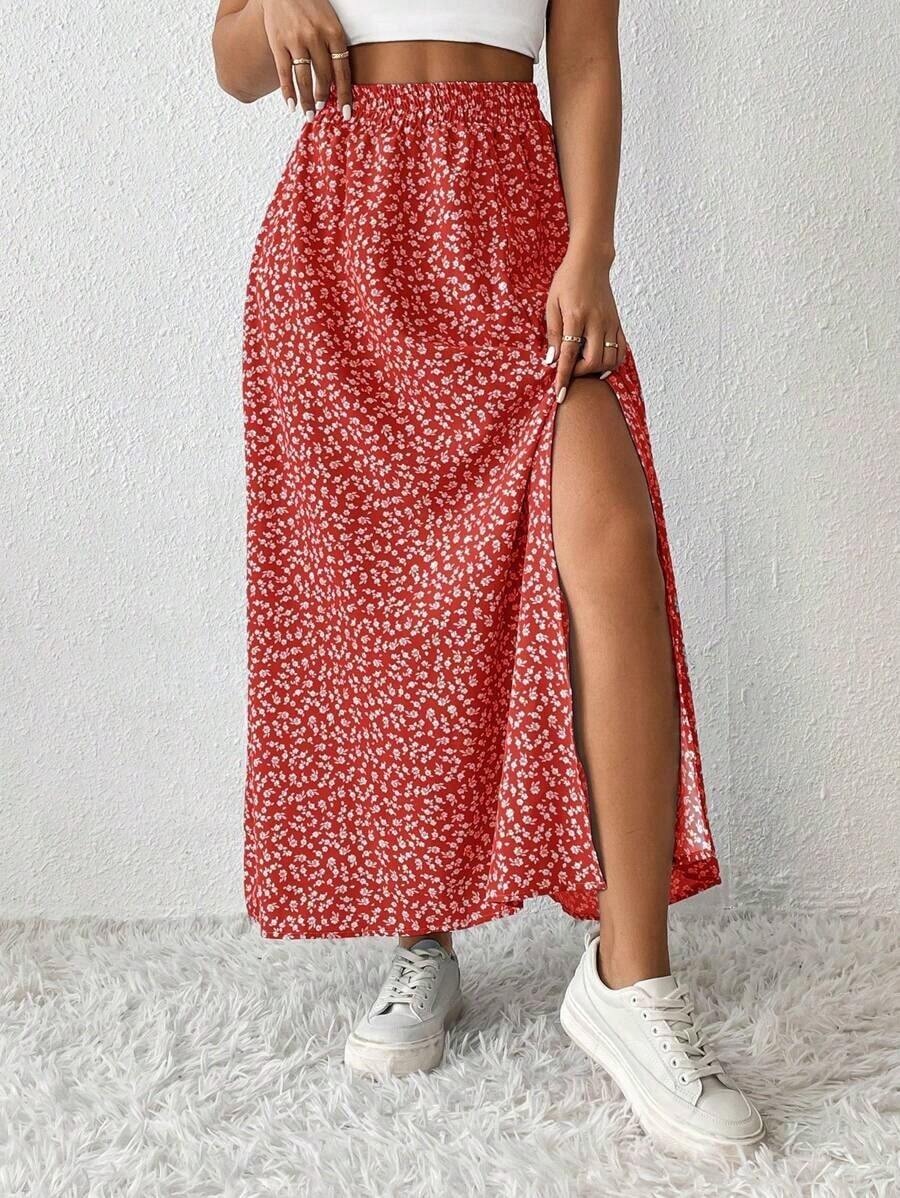 Falda De Verano Para Mujeres Con Estampado Floral Pequeño Y Abertura De Muslo - Rojo - Ver 1