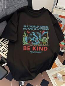 Men's 100% Casual Short Sleeve T-Shirt - Breathable Summer T-Shirt With "IN A WORLD WHERE YOU CAN BE ANYTHING" Graphic Print, Relaxed Fit, Crew Neck, Comfortable For Everyday Wear - 黑色 - 查看 1