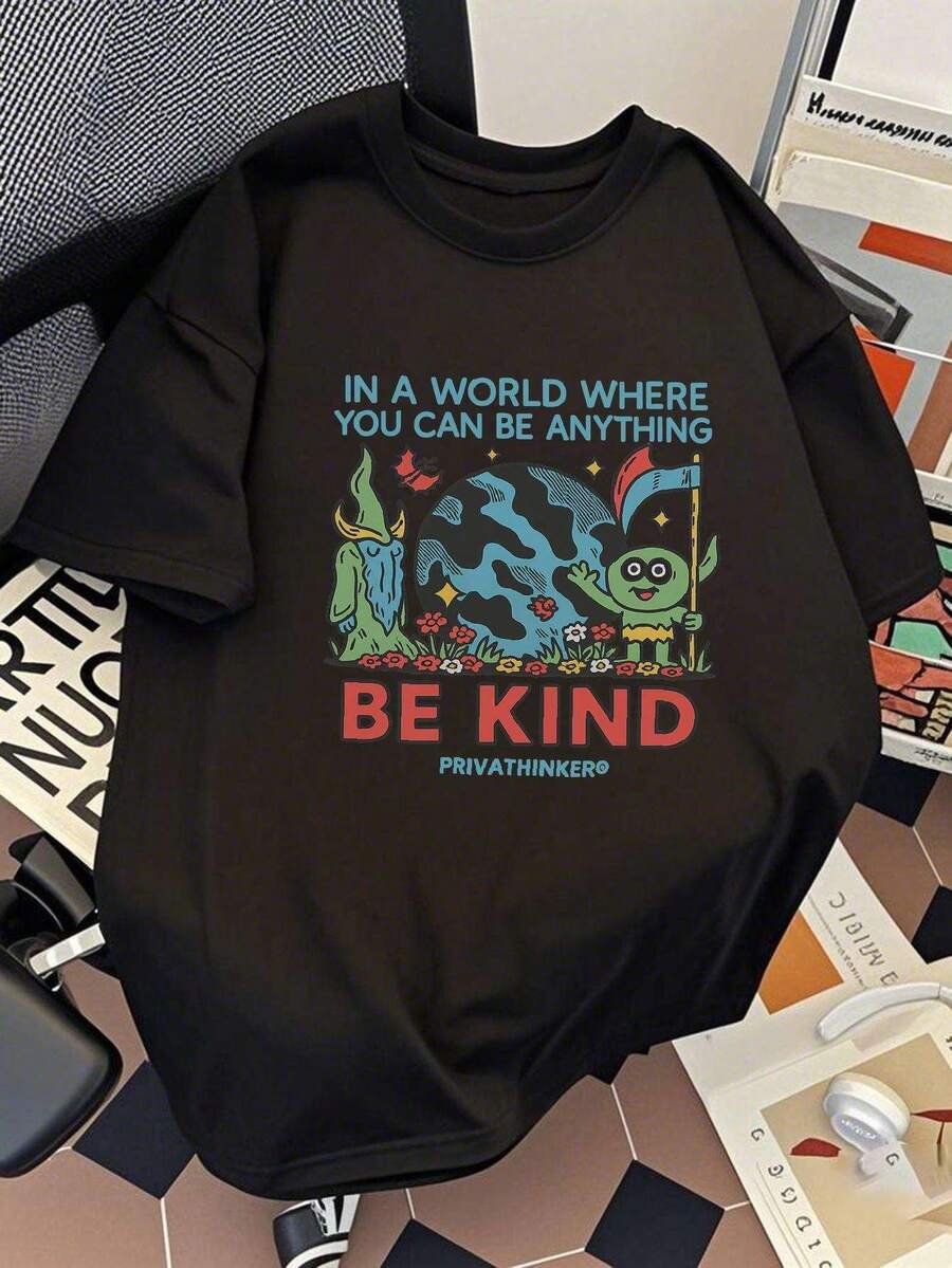 Men's 100% Casual Short Sleeve T-Shirt - Breathable Summer T-Shirt With "IN A WORLD WHERE YOU CAN BE ANYTHING" Graphic Print, Relaxed Fit, Crew Neck, Comfortable For Everyday Wear - 黑色 - 查看 1