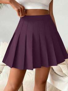 Falda pantalón casual de talle alto con pliegues y rayas para mujer - Morado - Ver 3