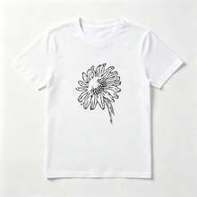 Girasol Lineal Playera de Algodón Blanca Minimalista Artística - Blanco - Ver 1