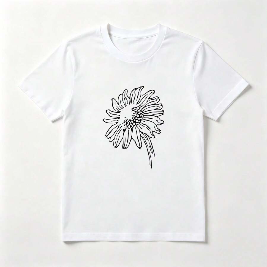 Girasol Lineal Playera de Algodón Blanca Minimalista Artística - Blanco - Ver 1
