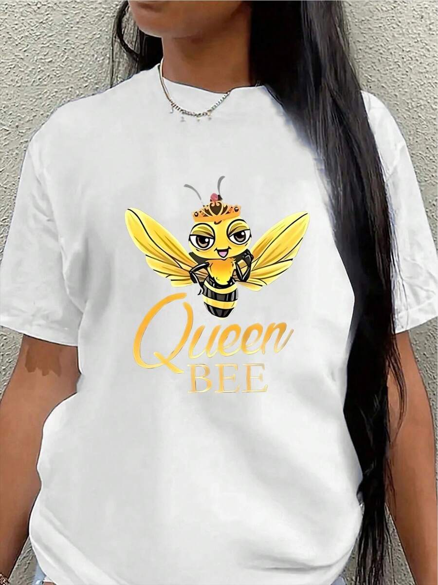 Women's Short-Sleeved Polyester T-Shirt With Queen Bee Print, Suitable For Casual Wear At Home And In Restaurants, Lightweight And Durable Design, Comfortable Fit, Stylish Printed T-Shirt, Available In Various Colors. - White - View 1