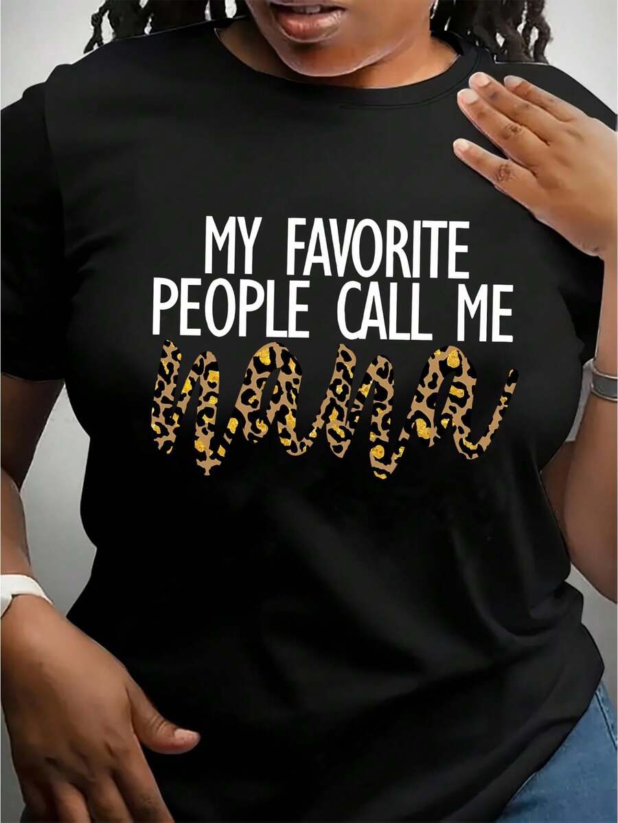 Women's 'My Favorite People Call Me Nana' Leopard Print Graphic T-Shirt - Casual Crew Neck, Short Sleeve Top, Machine Washable - Perfect For Spring & Summer - Black - View 1