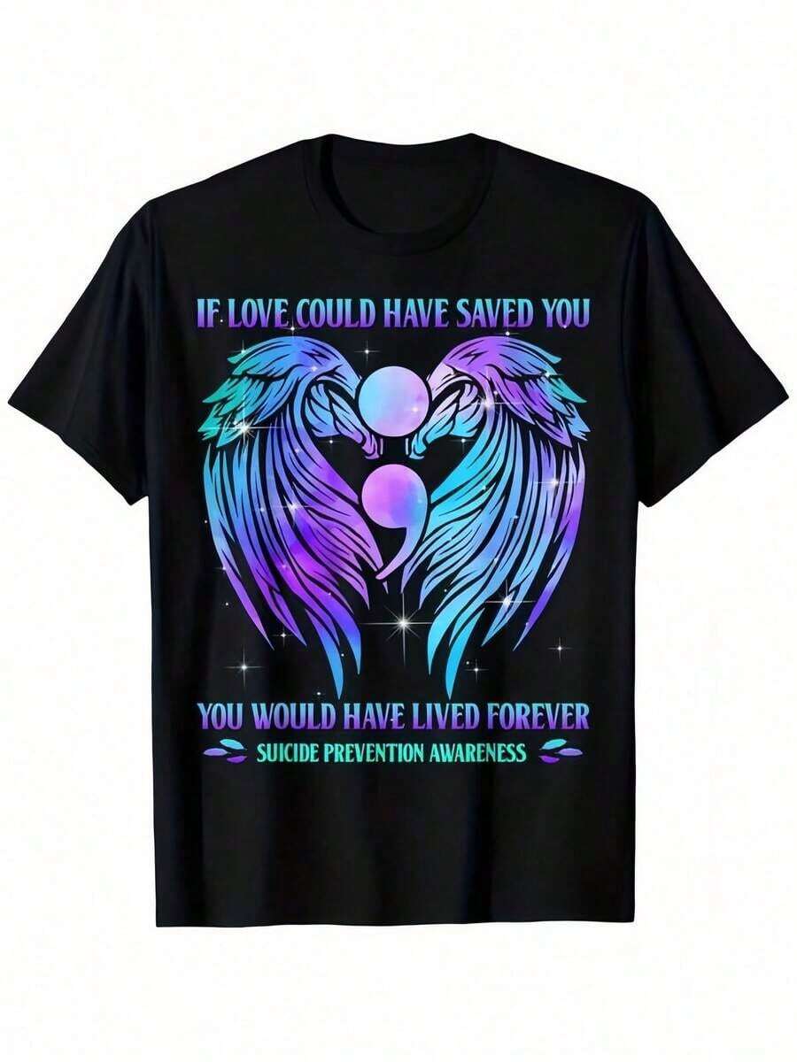 Regalo: 1 camiseta de mujer con estampado de alas de ángel y punto semicoma, cuello redondo, camiseta casual de algodón, tejido de punto de elasticidad media, corte regular para damas, para primavera/verano/otoño, suave. - Negro - Ver 1