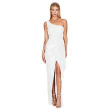 Vestido de mujer color champán con lentejuelas, diseño asimétrico de un hombro, escote en V con abertura lateral alta, corte maxi elegante ideal para fiestas de noche, graduaciones y eventos formales, estilo glamoroso perfecto para celebraciones de invierno y otoño - Blanco - Ver 5
