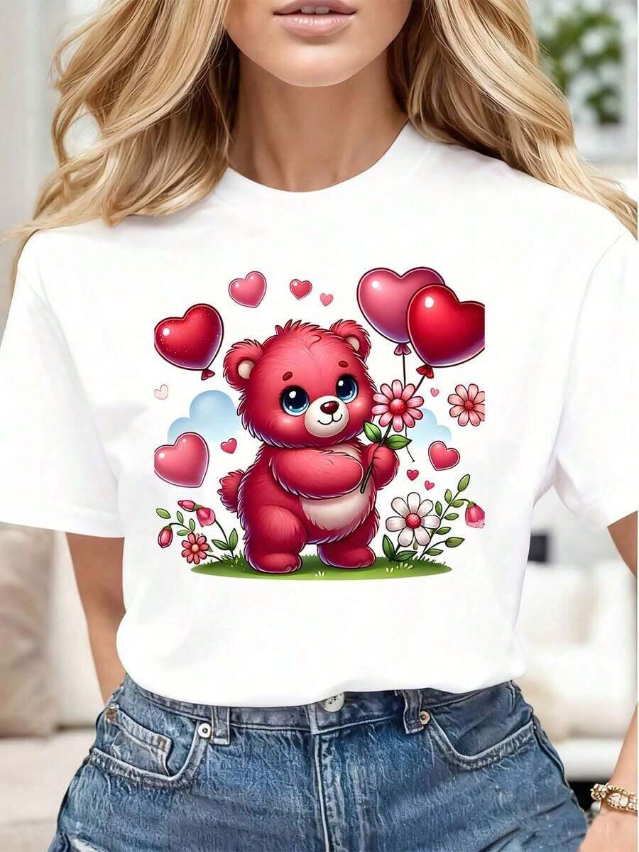 Camiseta Casual para Mujer con Estampado de Oso Rojo Lindo con Globos de Corazón y Flores, Suave y Cómoda, Regalo de San Valentín para el Día de San Valentín o Cumpleaños - Estilo Vintage Urbano, Unisex, de Algodón, Manga Corta, Cuello Redondo, Blusas para Mujer. blusas.blusas casuales para dama.Impresión de osos cariñosos.Camiseta estampada Impresión de osos cariñosos. - Blanco - Ver 1