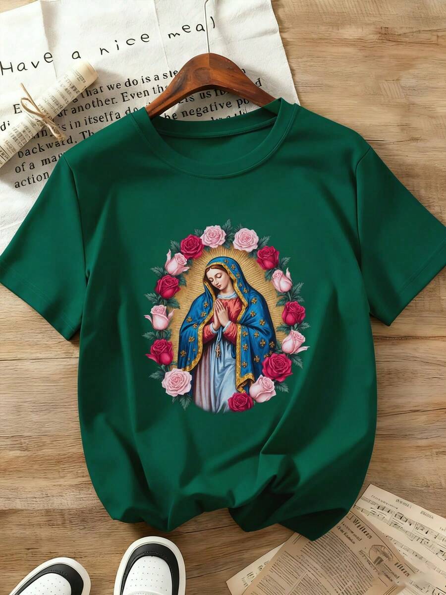 Premium Summer T-Shirt For Women With Virgin Mary And Rose Print - Unisex - 100% Loose Fit, Short Sleeve And Round Neck, Religious Clothing, With The Iconic Image Of The Virgin Mary - Faith Garment For Everyday Use, Unisex Top Suitable For Daily Use And As A Gift (Machine Washable). - 綠色 - 查看 1