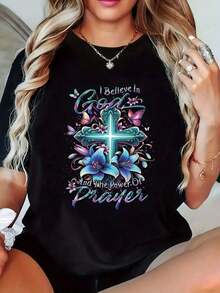 Women's White T-Shirt With Floral Design And Vibrant Cross - "I Believe In God And The Power Of Prayer" - Casual Crew Neck, Short Sleeve, All-Season Top | Religious Graphic T-Shirt | Comfortable Fit, Christian Clothing For Women - 黑色 - 查看 6