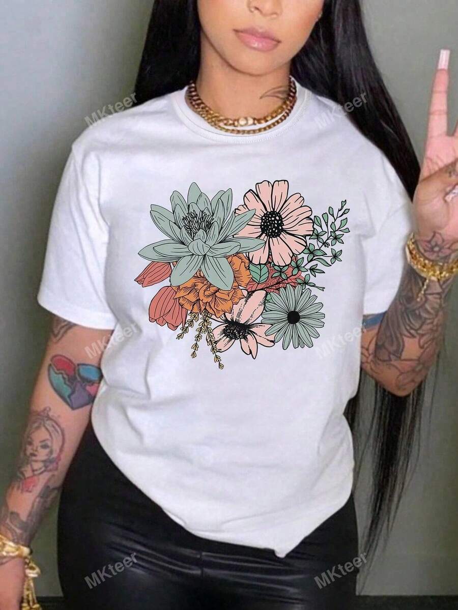 Floral Print Tee For Women - White - View 1