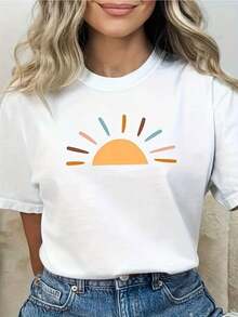 1 Women's Pure Cotton T-Shirt With Letter And Anime Print, Simple Design, Comfortable And Breathable, Suitable For Daily Casual Wear, Showing A Natural And Elegant Style, Must-Have For Summer Parties, Local Shipping, 180g 100% Cotton. - 白色 - 查看 1