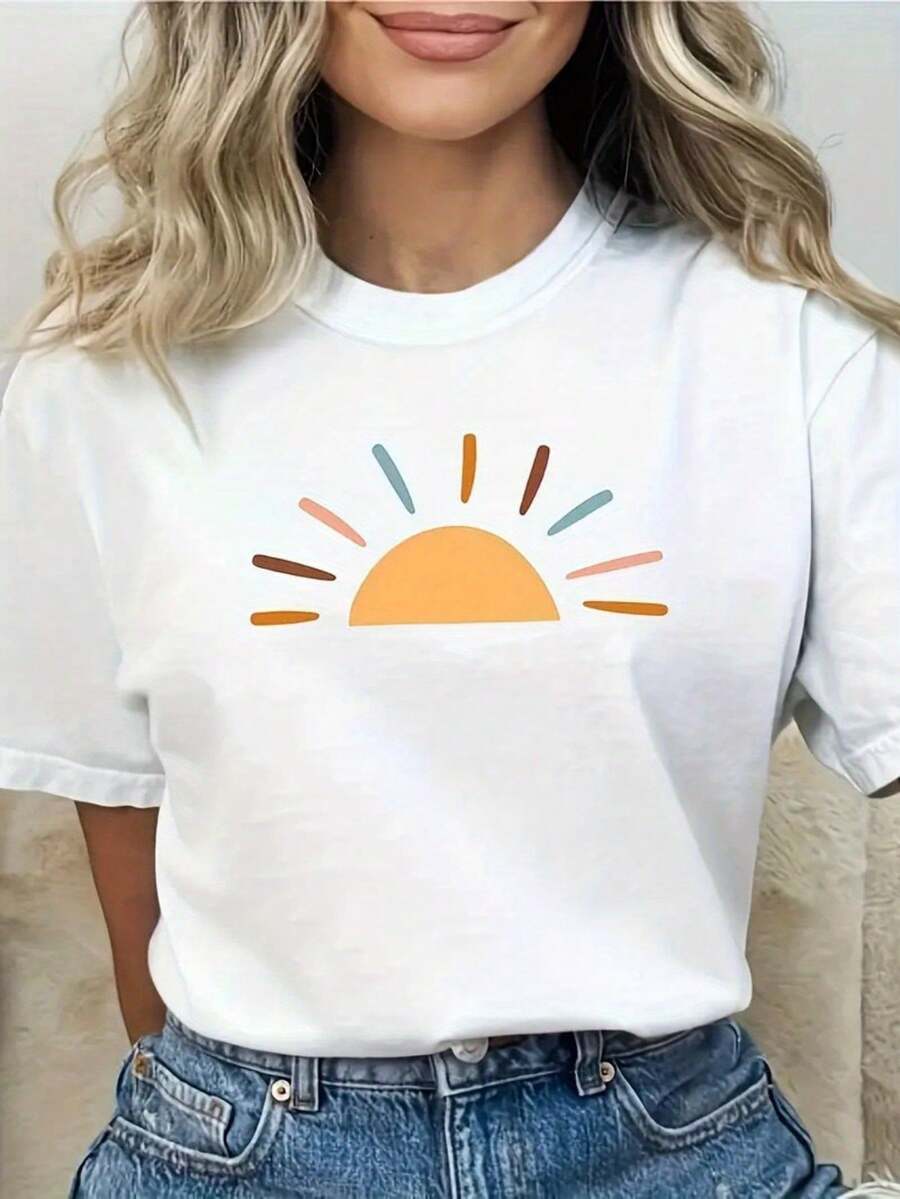 1 Women's Pure Cotton T-Shirt With Letter And Anime Print, Simple Design, Comfortable And Breathable, Suitable For Daily Casual Wear, Showing A Natural And Elegant Style, Must-Have For Summer Parties, Local Shipping, 180g 100% Cotton. - 白色 - 查看 1