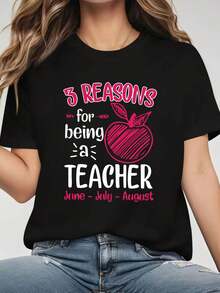 1 Professional T-Shirt For Teachers - Short Sleeve, Round Neck, Casual Style, With Teacher-Themed Letter Print, Comfortable Clothing For Daily Wear And Workouts, Machine Washable, 180g 100% Cotton. - 黑色 - 查看 1