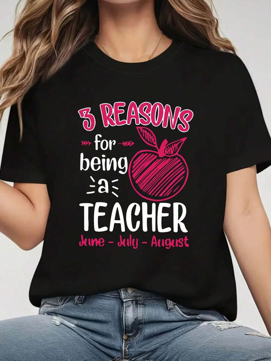 1 Professional T-Shirt For Teachers - Short Sleeve, Round Neck, Casual Style, With Teacher-Themed Letter Print, Comfortable Clothing For Daily Wear And Workouts, Machine Washable, 180g 100% Cotton. - 黑色 - 查看 1