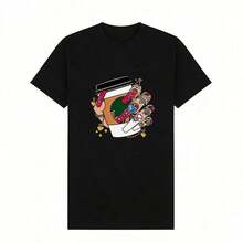 Women's Summer Clothing, Soft And Casual Cotton T-Shirt With Round Neck, Print Of A Nail Artist Holding A Cup Of Coffee. - 黑色 - 查看 3