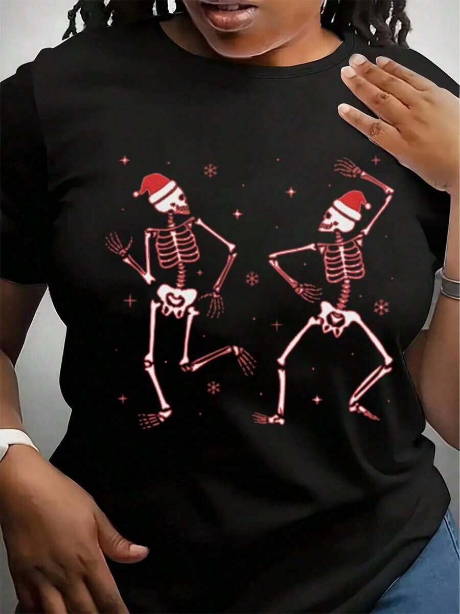 Suave, transpirable y ligero para comodidad durante todo el día. Camiseta de Navidad para mujer con estampado de esqueletos bailando, estilo boho, de la colección "Es la temporada navideña". Camiseta con capucha de mezcla de tela gruesa. Cuello redondo clásico con un corte relajado que favorece todas las formas del cuerpo y es fácil de combinar con jeans, shorts y leggings. - Negro - Ver 1
