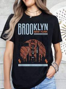 Camiseta Holgada con Estampado, Casual y Versátil, Talla Grande, Cuello Redondo, Brooklyn Nueva York 1908 Empire State Building - Negro - Ver 6