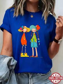 Soft Floral Print Cotton T-Shirt For Girls, 100% Cotton Short Sleeve Summer Blouse With Round Neck, Cute And Youthful, Breathable For Spring/Summer/Autumn, Suitable For Casual And Sporty Outfits, Pure Cotton Short Sleeve Round Neck Blouse For Women, Elegant Blouses For Women. - 藍色 - 查看 7