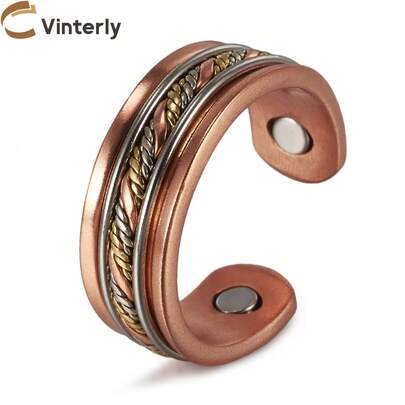 Vinterly 纯铜磁性戒指，手工扭纹编织，健康能量指环，开口式，可调节尺寸，高磁力，可调整大小