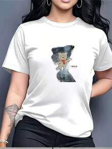 Cute Casual T-Shirt With Hello Teddy Bear Print, 180g, Suitable For Family Gifts And Company Team Building Activities - Perfect For Summer Music Festivals, Everyday Casual Wear And The Workplace, Must-Have Unisex Fashion Design. - 白色 - 查看 7