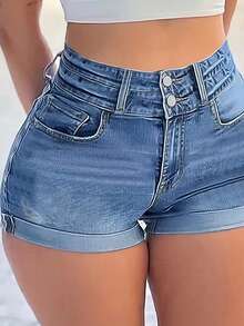 Women's High Waist Double Button Distressed Denim Shorts - Slim Fit Practical Pockets Casual Fashion Shorts - Light Wash - View 5