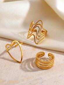 3pcs Set Stainless Steel 18K Gold Plated Minimalist Geometric Line Design Rings, Suitable For Women's Daily, Party, Holiday Gift - Gold - View 5
