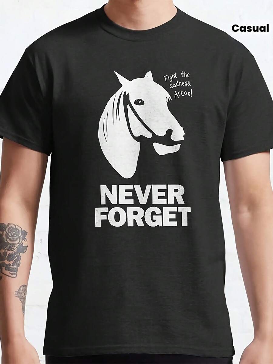 LocalMen's Funny NeverEnding Story Movie Artax Horse Meme T-Shirt - 1980s Retro Graphic Tee With Never Forget - Black Shirt With White Print - Casual Round Neck Top For Fans Of The NeverEnding - 黑色 - 查看 1