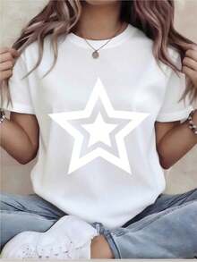Women's Fun Printed T-Shirt, Casual, Short Sleeve, Crew Neck, Loose Fit, Machine Washable, For All Seasons Comfort, Durable Print, Perfect For Holiday Gifts, Ships From Warehouse - 白色 - 查看 9