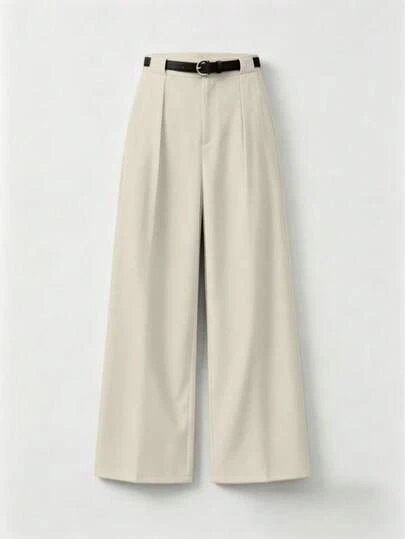 Mid Waist Solid Color Elegant Office Straight Pants With Belt Spring