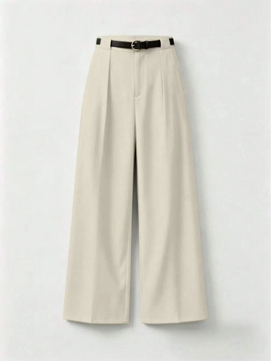 Mid Waist Solid Color Elegant Office Straight Pants With Belt Spring, Smart Casual - Beige - View 1