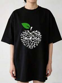 New Takamachi Tiles Summer Casual T-Shirt With Red Apple Print, Plus Size, Suitable For Family And Teacher Team Building Activities, It's The Perfect Gift For Him And Her, 180G T-Shirt, Comfortable, Versatile, Basic Style - Unisex Loose Cotton Short Sleeve Crew Neck T-Shirt, Urban Vintage Style. - 黑色 - 查看 6